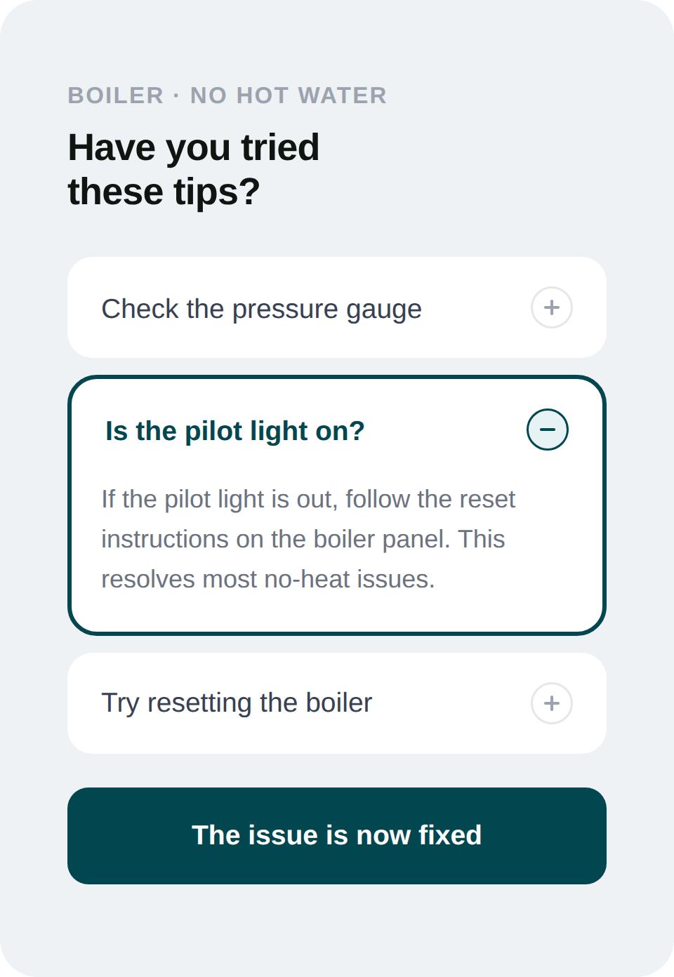 Ubrix Home Assist card showing troubleshooting tips for a boiler issue