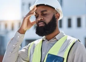 Construction, man and worker with headache, stress of building renovation and civil engineering mis