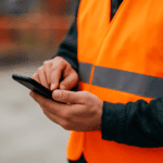 Housing worker in high visibility clothing using a mobile device on site