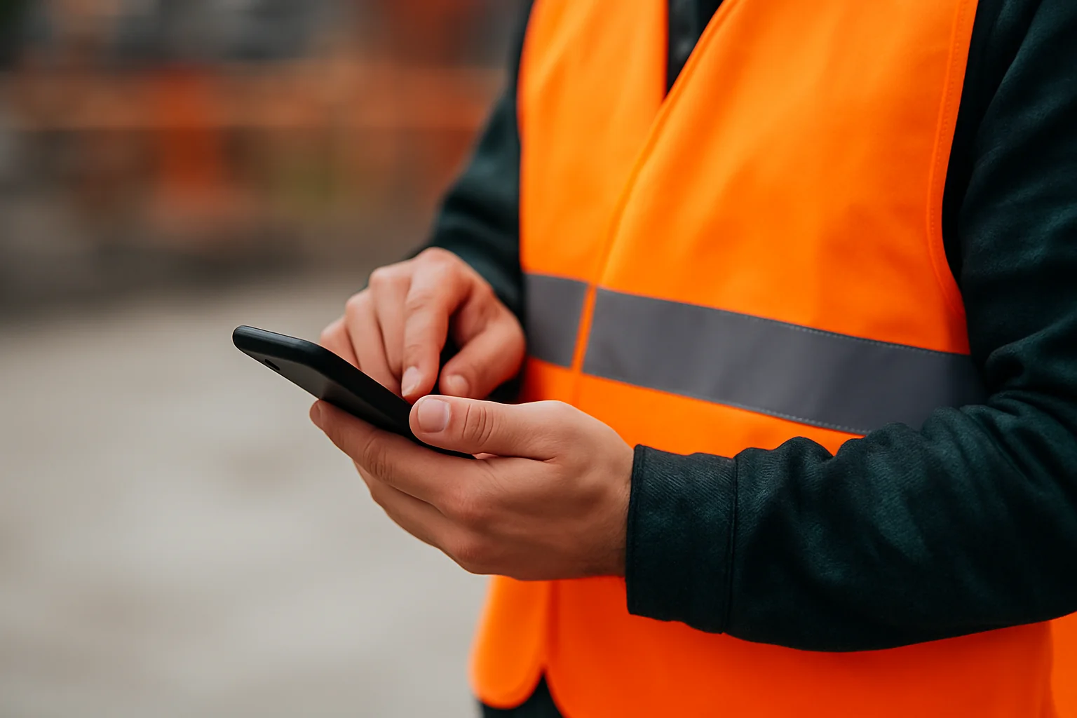Housing worker in high visibility clothing using a mobile device on site