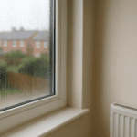 Condensation on a window inside a UK home with houses visible outside