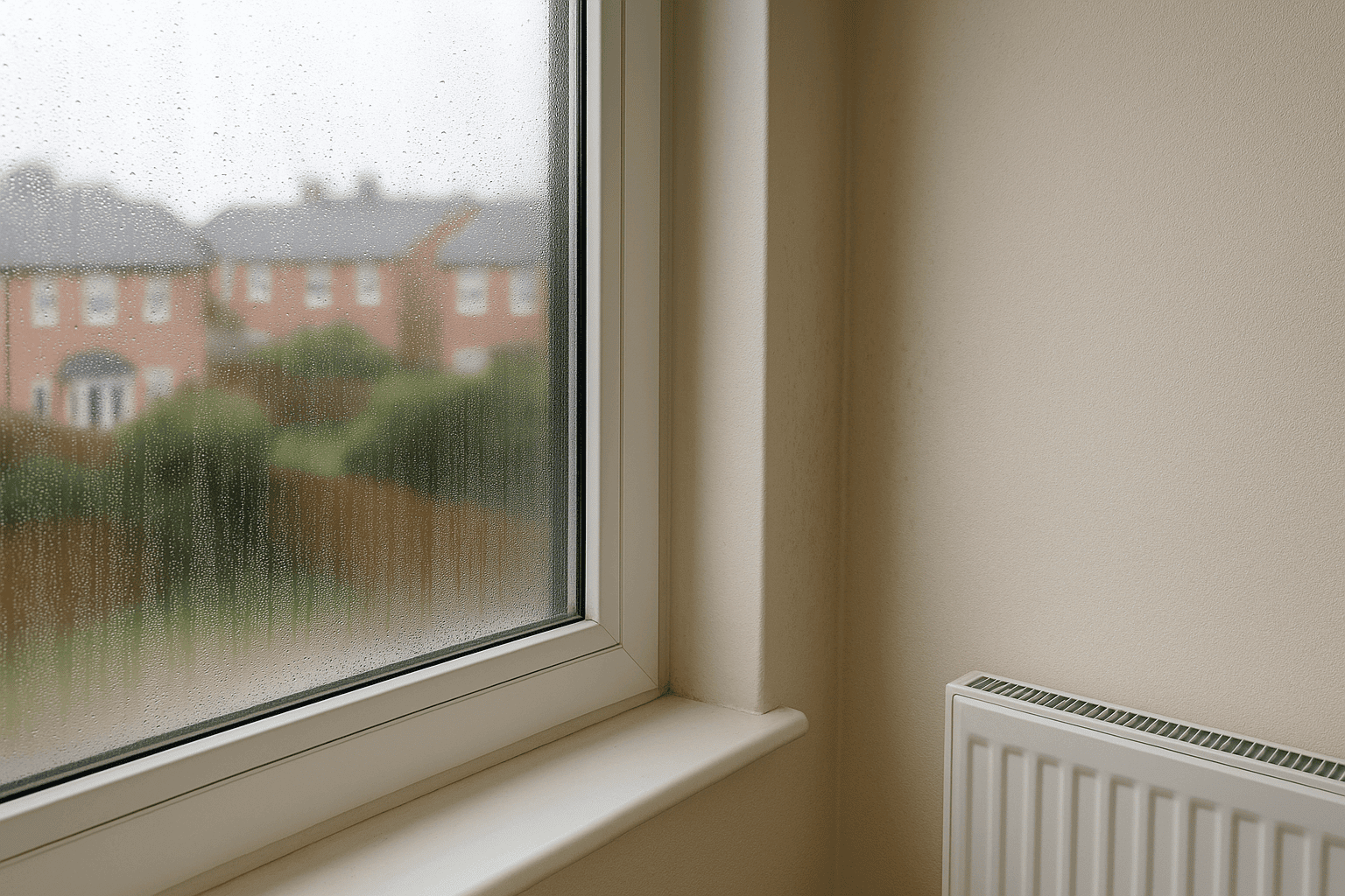 Condensation on a window inside a UK home with houses visible outside